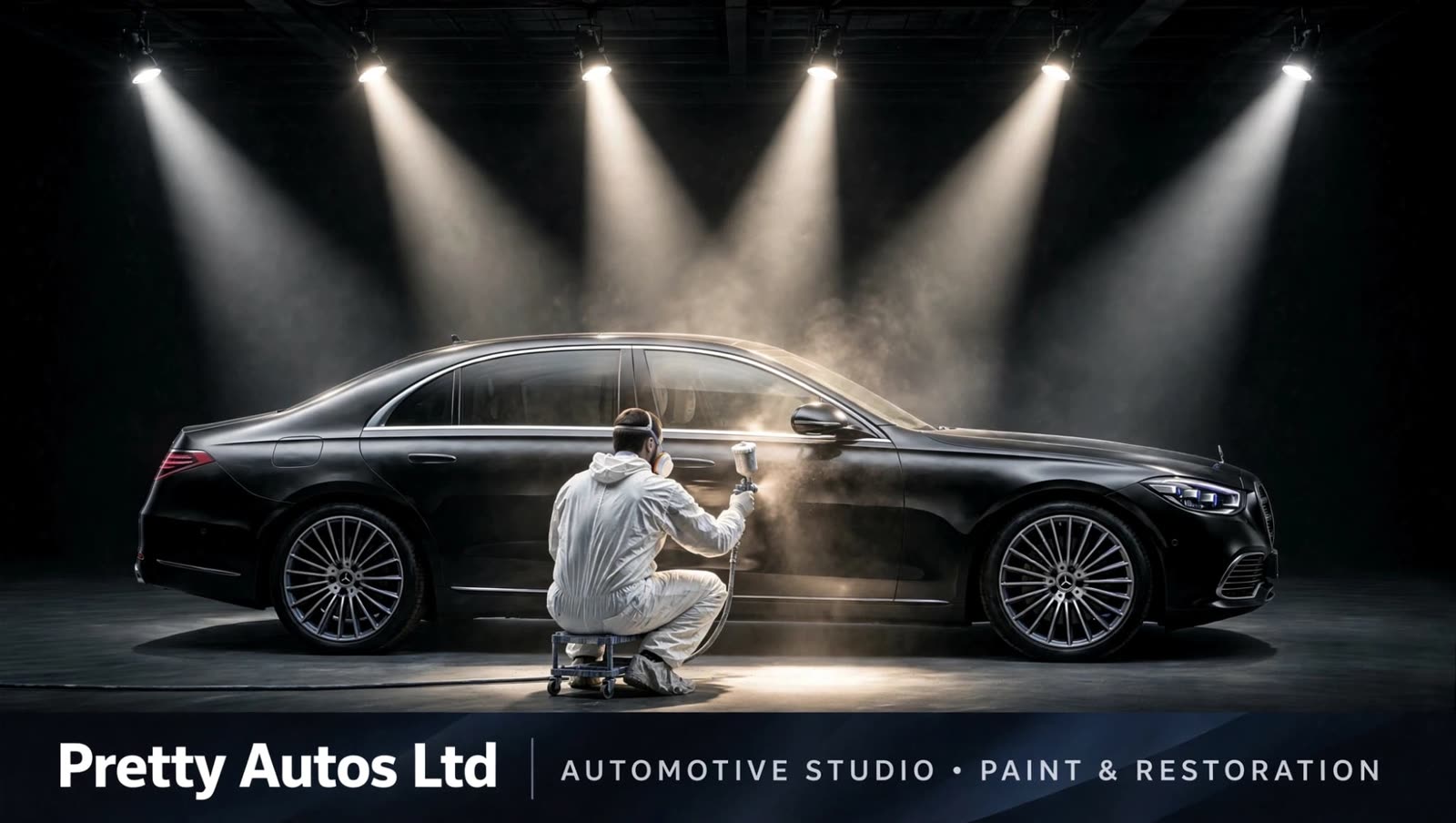 A technician in a white suit spraying paint onto a black saloon car in a spotlit studio. Pretty Autos Ltd, Automotive Studio, Paint and Restoration.